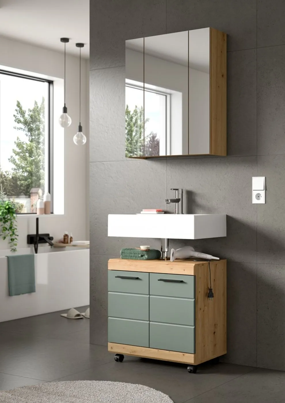 Badezimmer-Set Scout 2 auf Rollen | Salbei / Artisan Eiche | 2-teilig ohne