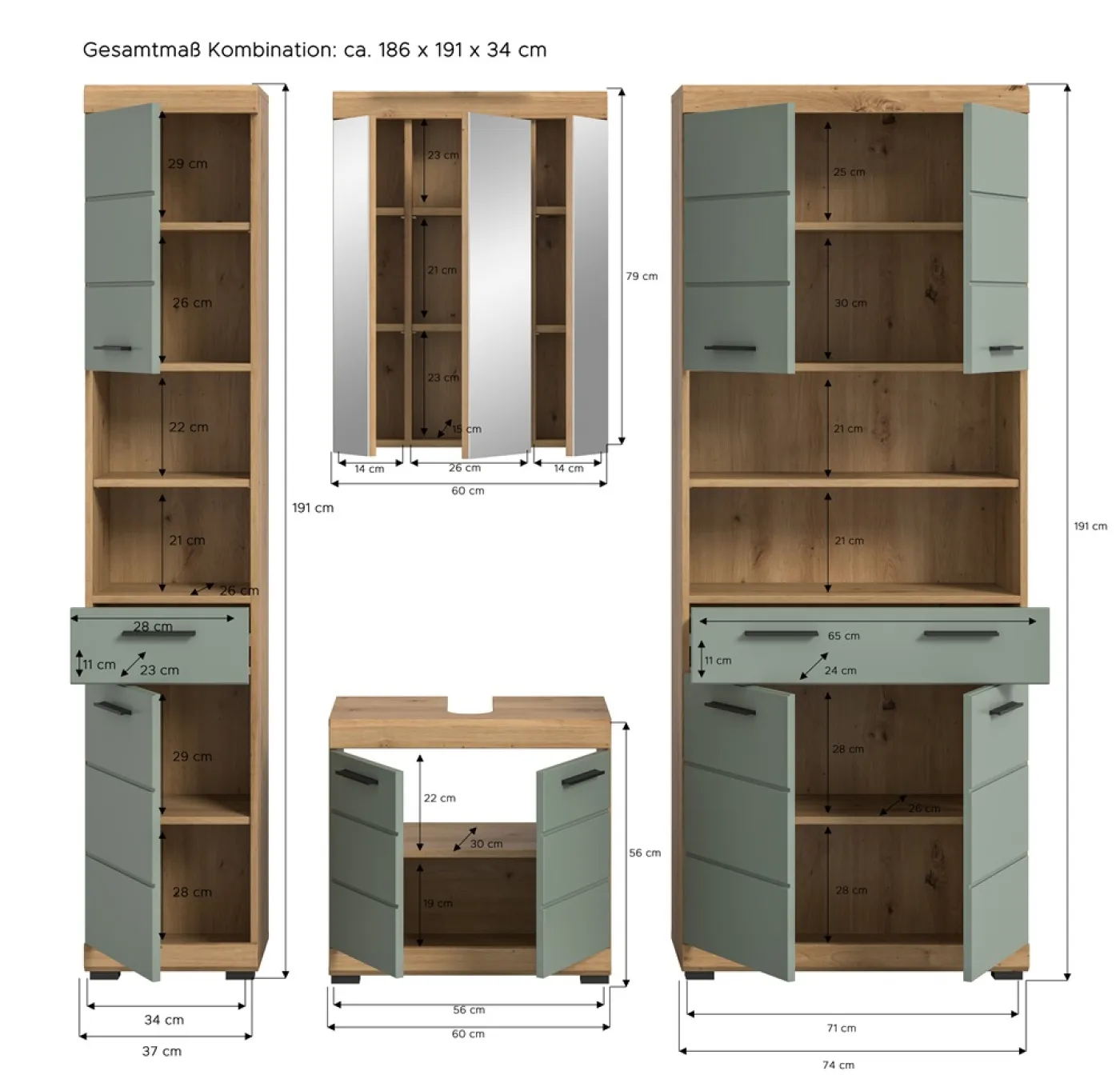 Badezimmer-Set Scout 4 | Salbei / Artisan Eiche | 4-teilig | optional Aufsatzleuchte