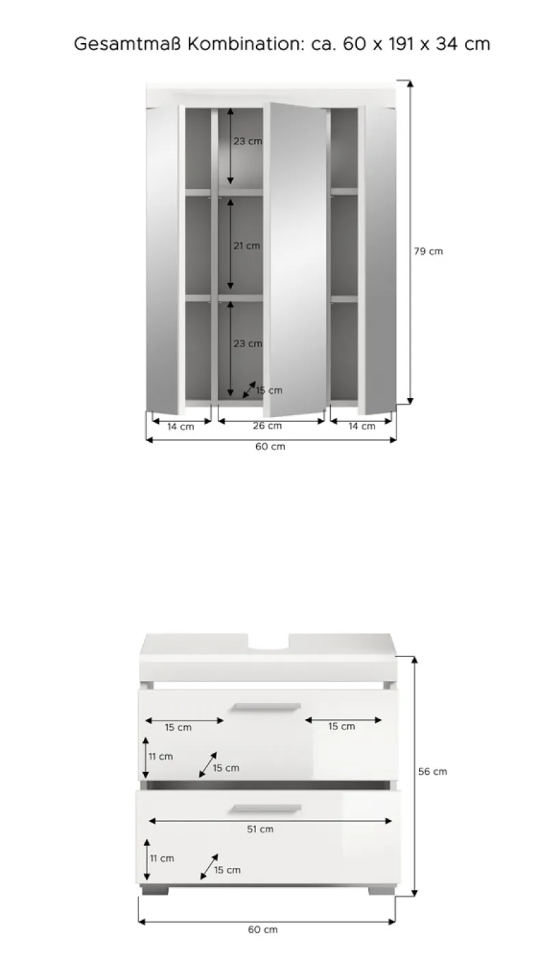 Badezimmer-Set Scout 6 | weiß Hochglanz / weiß | 2-teilig | mit Aufsatzleuchte