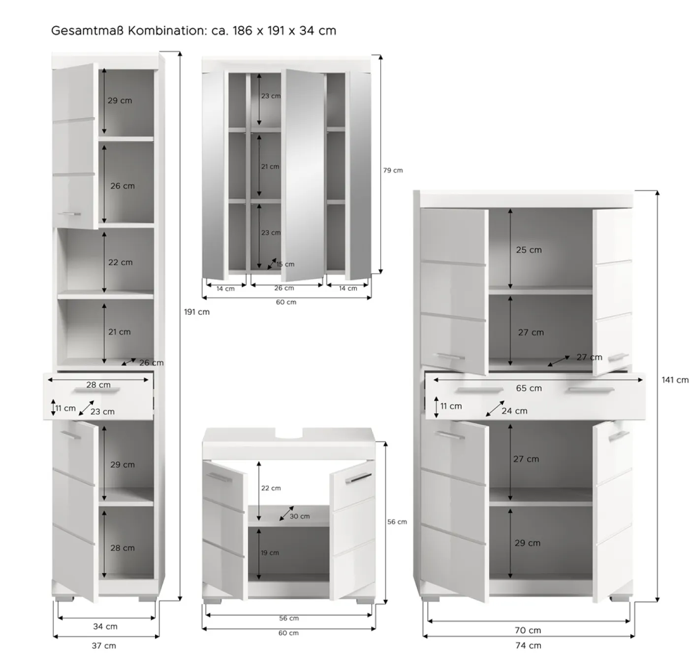 Badezimmer-Set Scout 5 | weiß Hochglanz / weiß | 4-teilig | mit Aufsatzleuchte