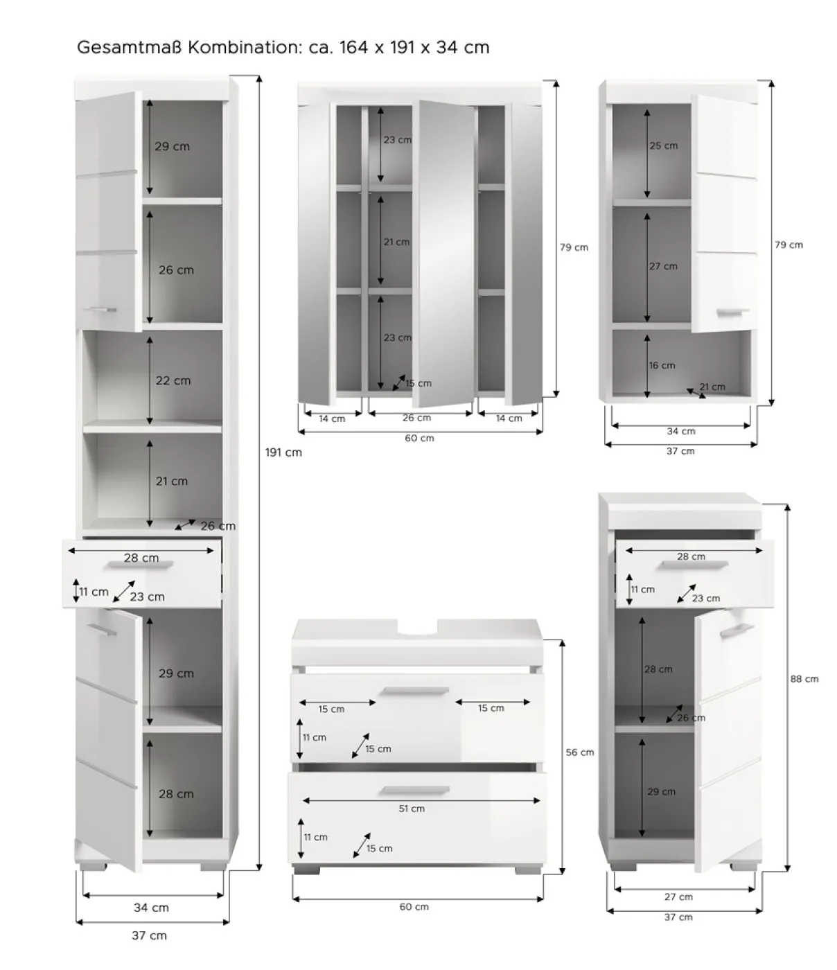 Badezimmer-Set Scout 6 | weiß Hochglanz / weiß | 5-teilig | mit Aufsatzleuchte