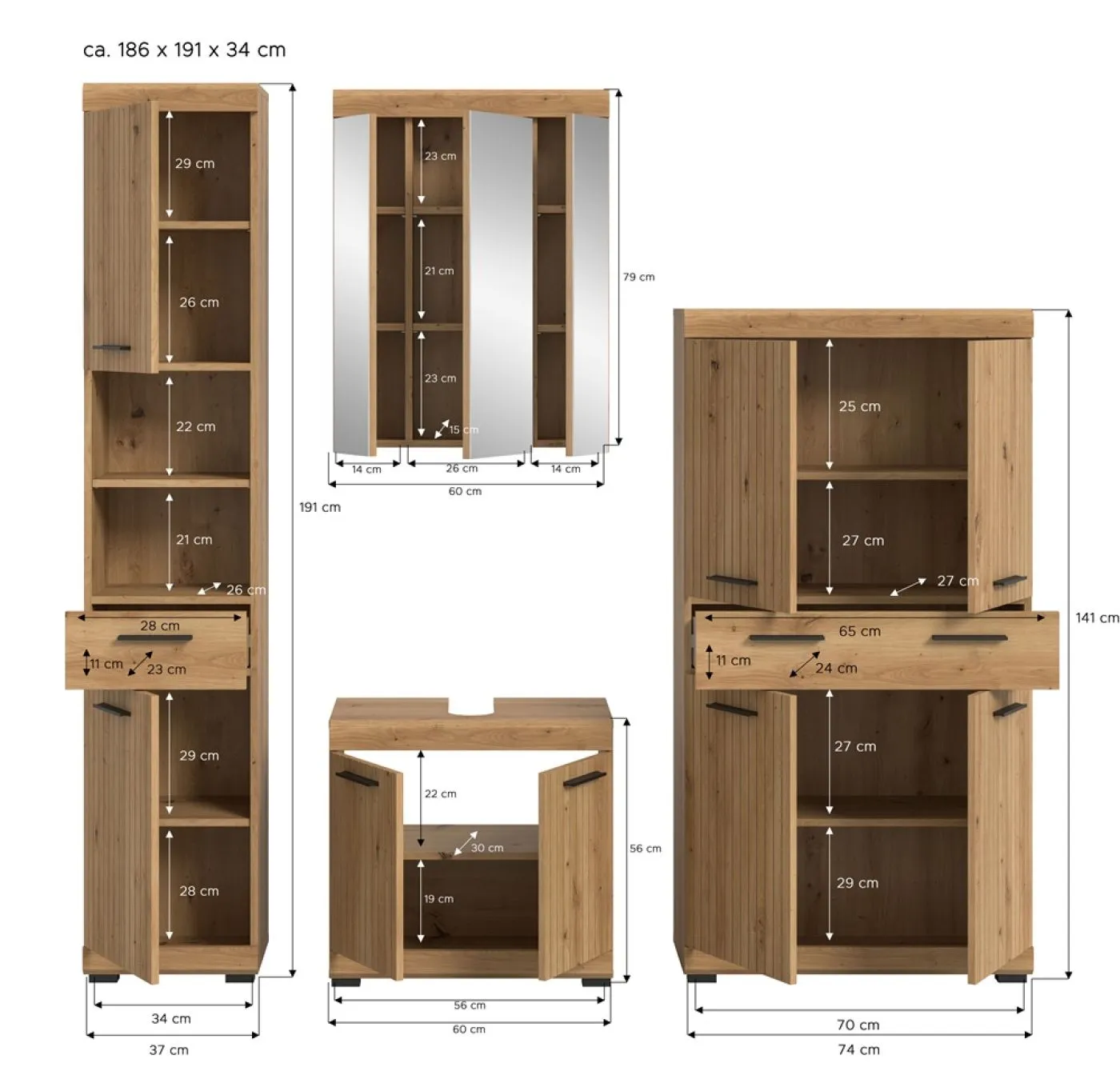 Badezimmer-Set Scout 3 | Artisan Eiche | 4-teilig ohne Aufsatzleuchte