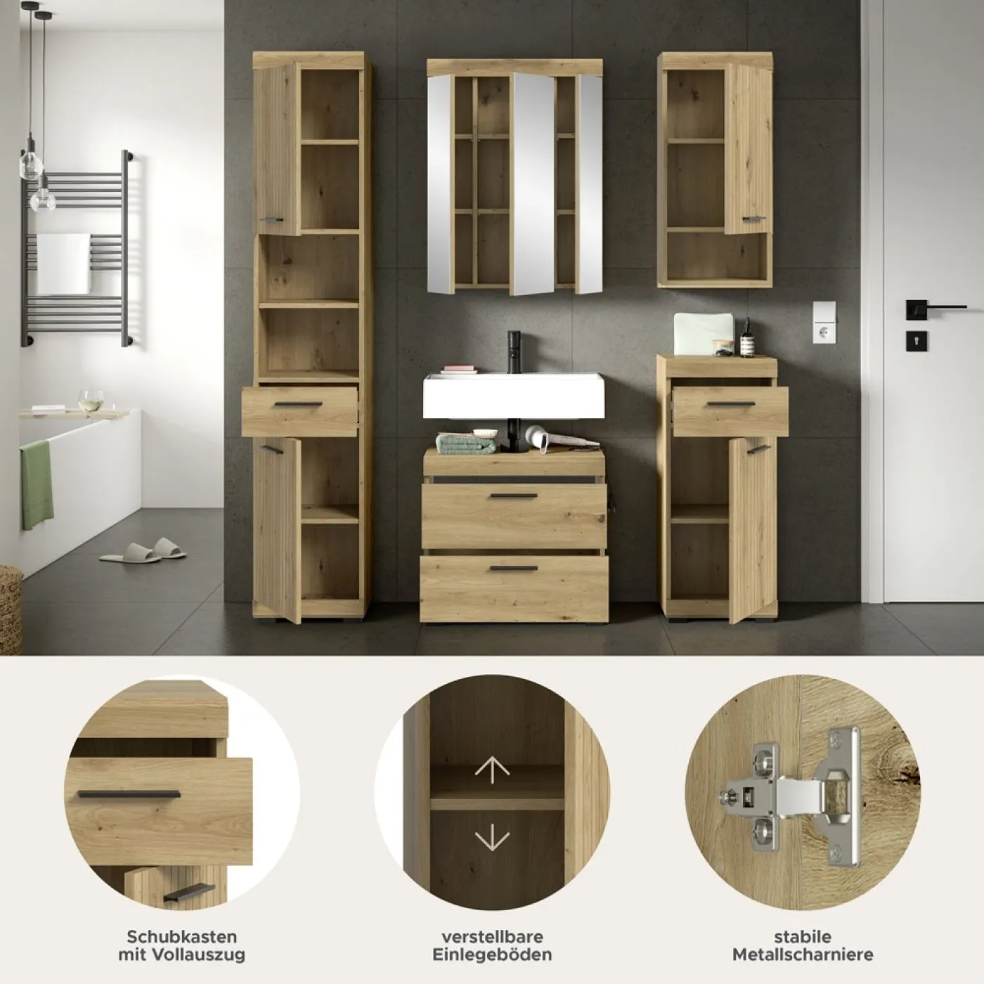 Badezimmer-Set Scout 3 | Artisan Eiche | 5-teilig mit Aufsatzleuchte