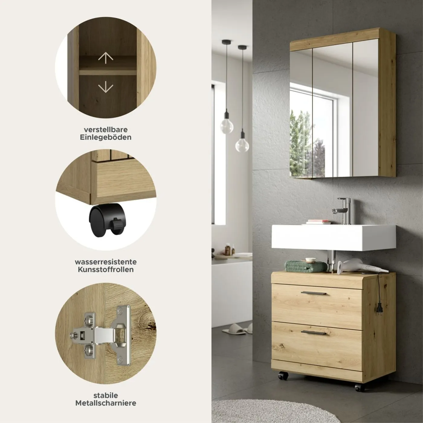 Badezimmer-Set Scout 3 auf Rollen | Artisan Eiche | 2-teilig mit Aufsatzleuchte