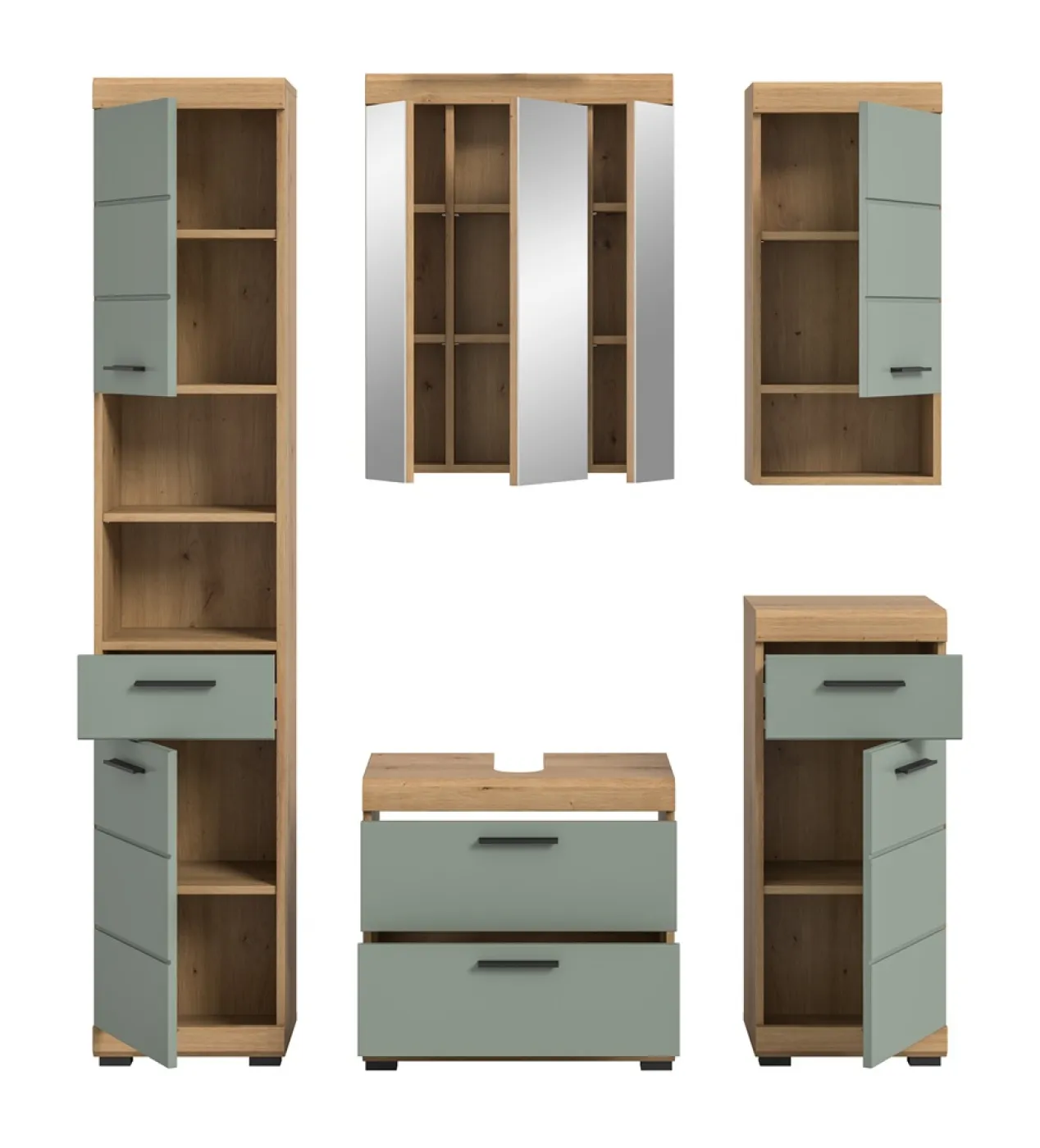 Badezimmer-Set Scout 3 | Salbei / Artisan Eiche | 5-teilig | ohne Aufsatzleuchte