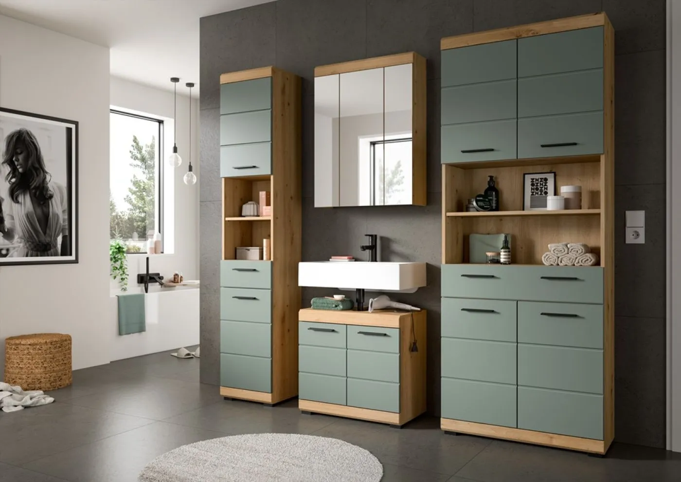 Badezimmer-Set Scout 4 | Salbei / Artisan Eiche | 4-teilig | optional Aufsatzleuchte