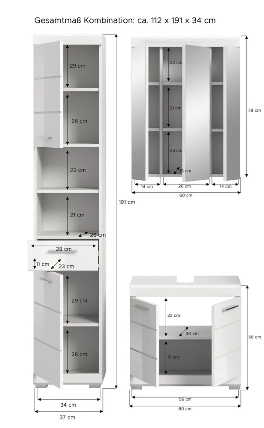 Badezimmer-Set Scout 4 | weiß Hochglanz / weiß | 3-teilig | optional Aufsatzleuchte