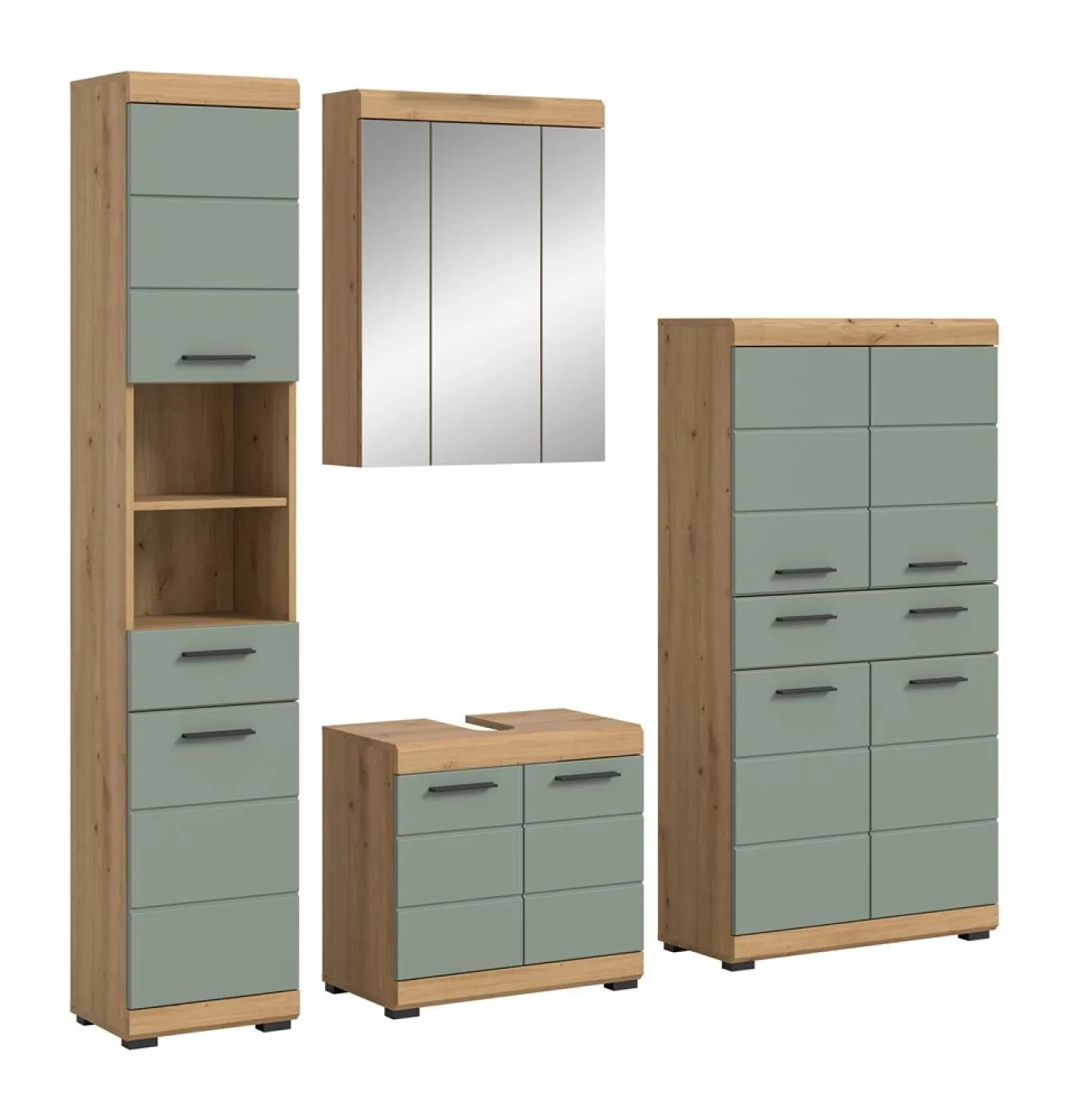 Badezimmer-Set Scout 5 | Salbei / Artisan Eiche | 4-teilig | mit Aufsatzleuchte
