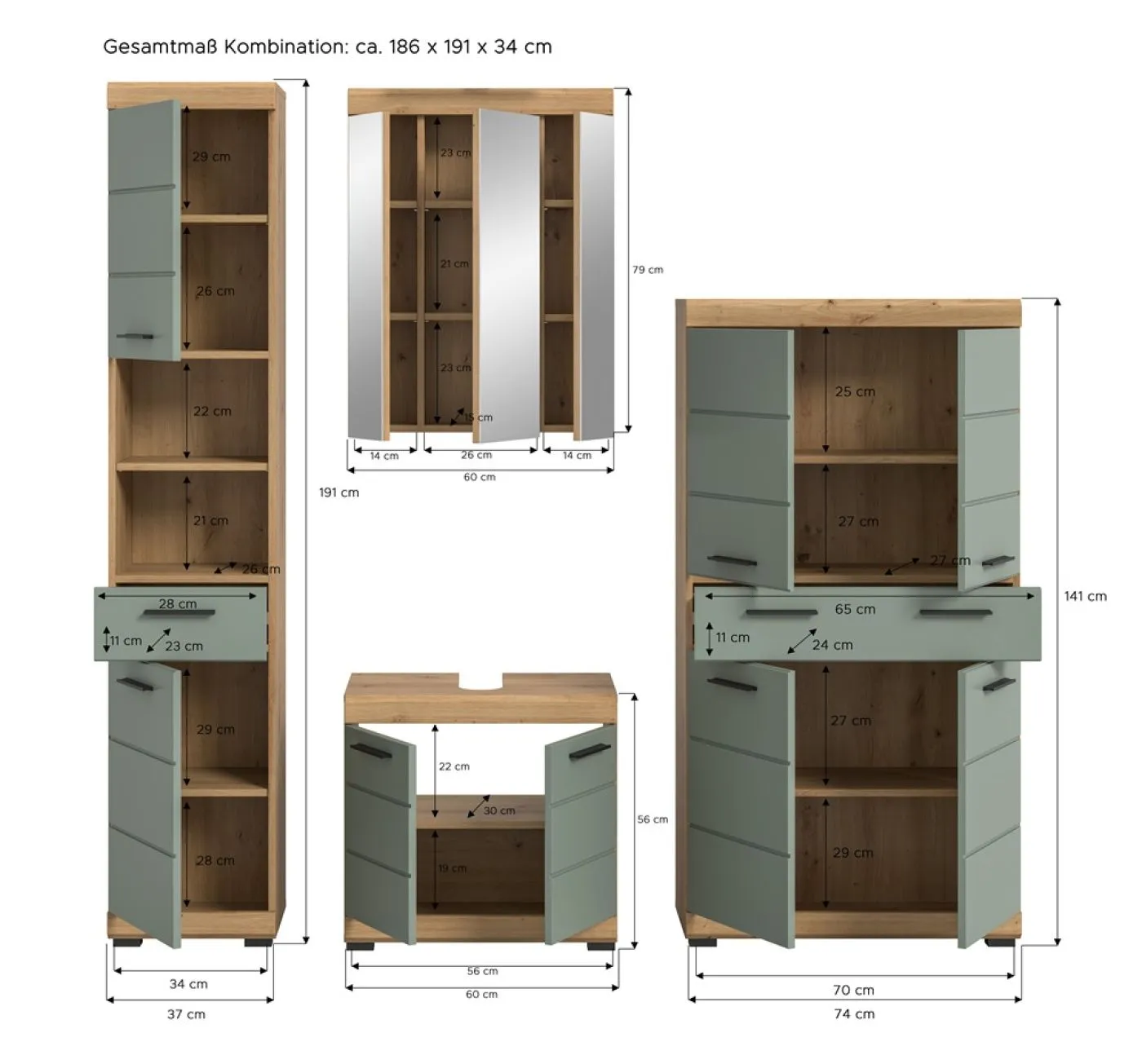 Badezimmer-Set Scout 5 | Salbei / Artisan Eiche | 4-teilig | optional Aufsatzleuchte