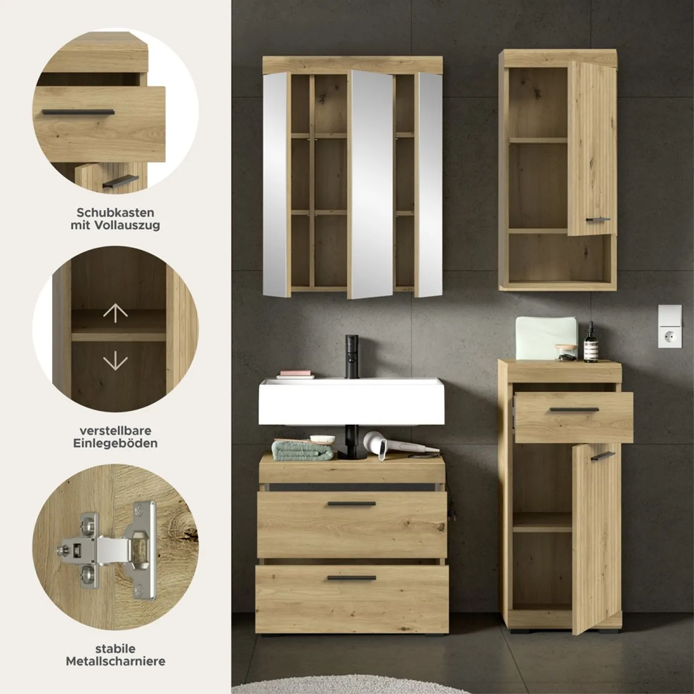 Badezimmer-Set Scout 6 | Artisan Eiche | 4-teilig mit Aufsatzleuchte