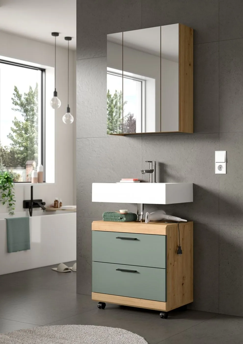 Badezimmer-Set Scout 6 auf Rollen | Salbei / Artisan Eiche | 2-teilig