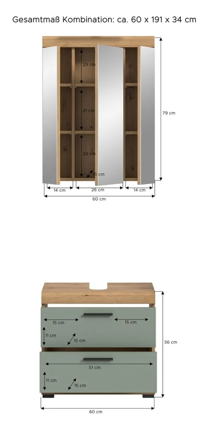 Badezimmer-Set Scout 6 | Salbei / Artisan Eiche | 2-teilig | mit Aufsatzleuchte