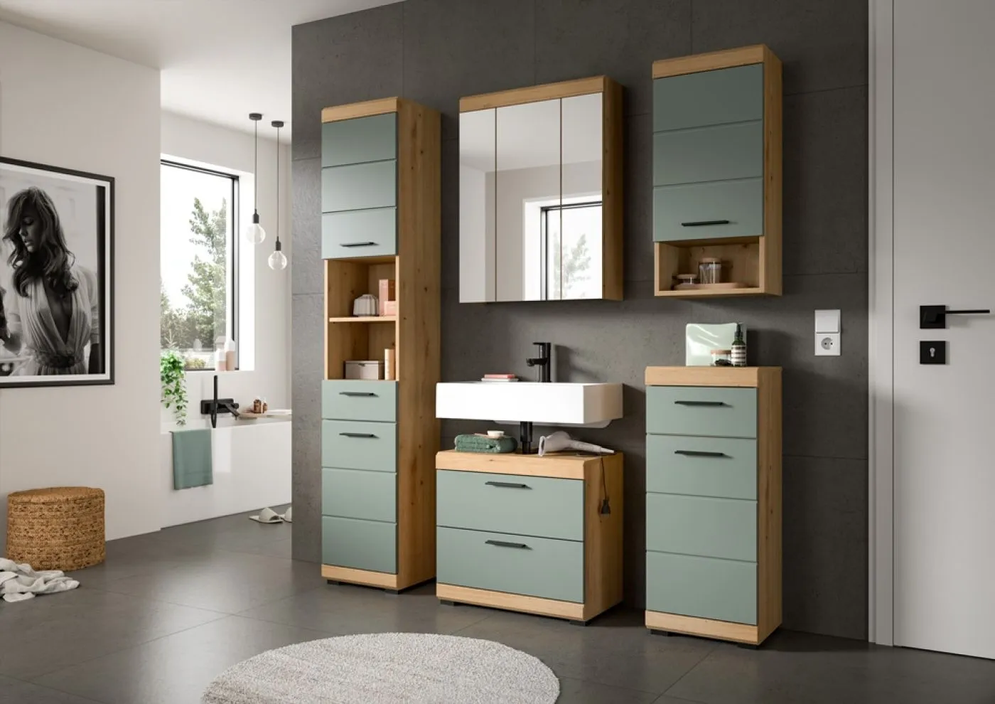 Badezimmer-Set Scout 6 | Salbei / Artisan Eiche | 2-teilig | optional Aufsatzleuchte