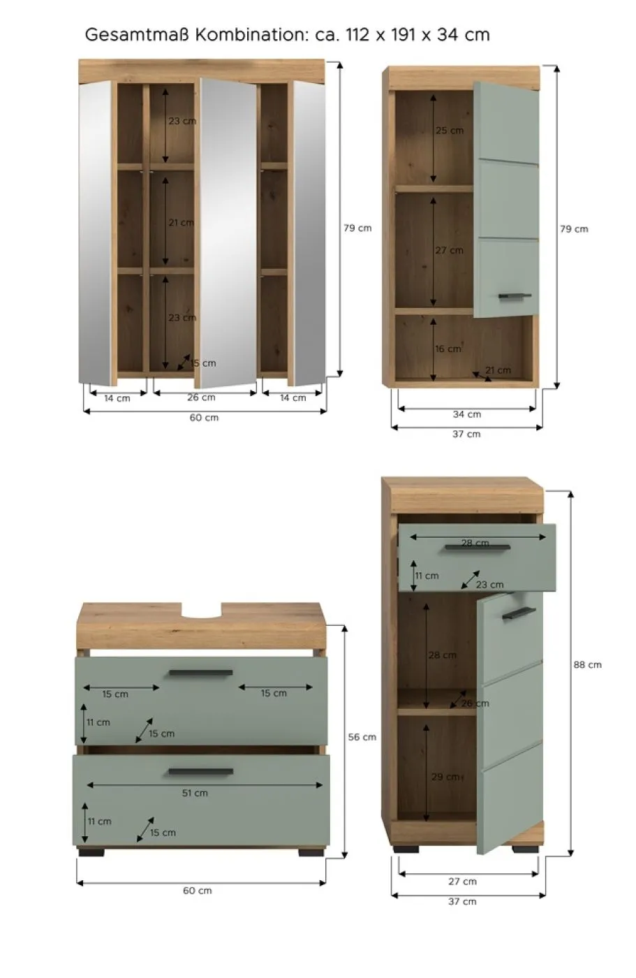 Badezimmer-Set Scout 6 | Salbei / Artisan Eiche | 4-teilig