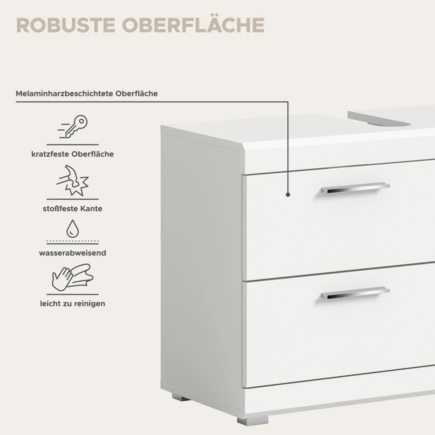 Badezimmer-Set Scout 6, 4-teilig, im Bad an grauer Wand, Unterschränke mit Waschbecken, Spiegelschränke, offene Ablage – Ansicht 7