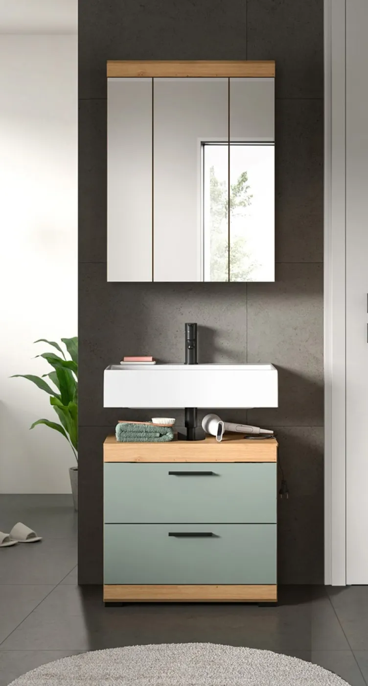 Badezimmer-Set Scout 6 | Salbei / Artisan Eiche | 2-teilig | mit Aufsatzleuchte