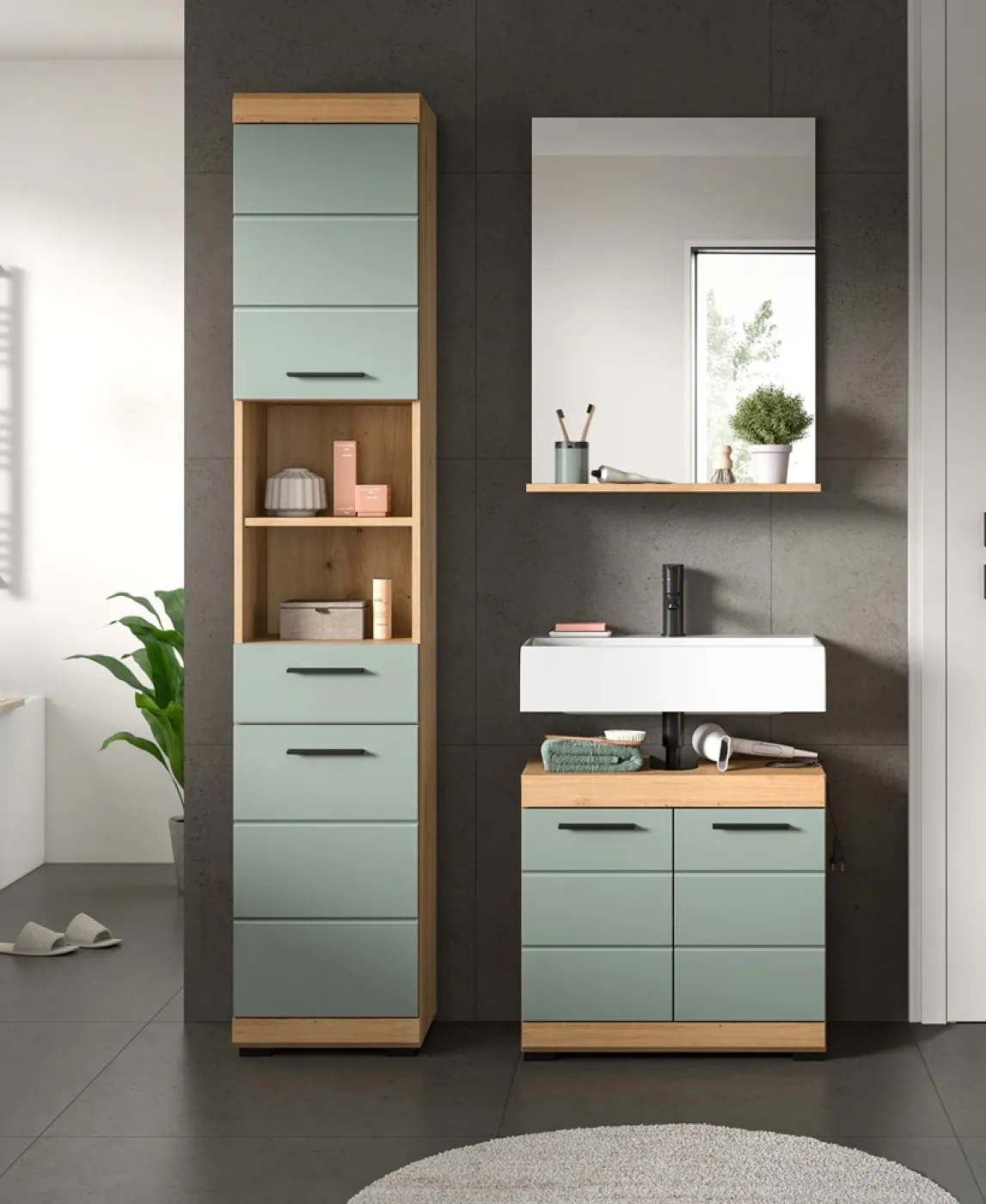 Badezimmer-Set Scout | Salbei / Artisan Eiche | 3-teilig | mit Aufsatzleuchte