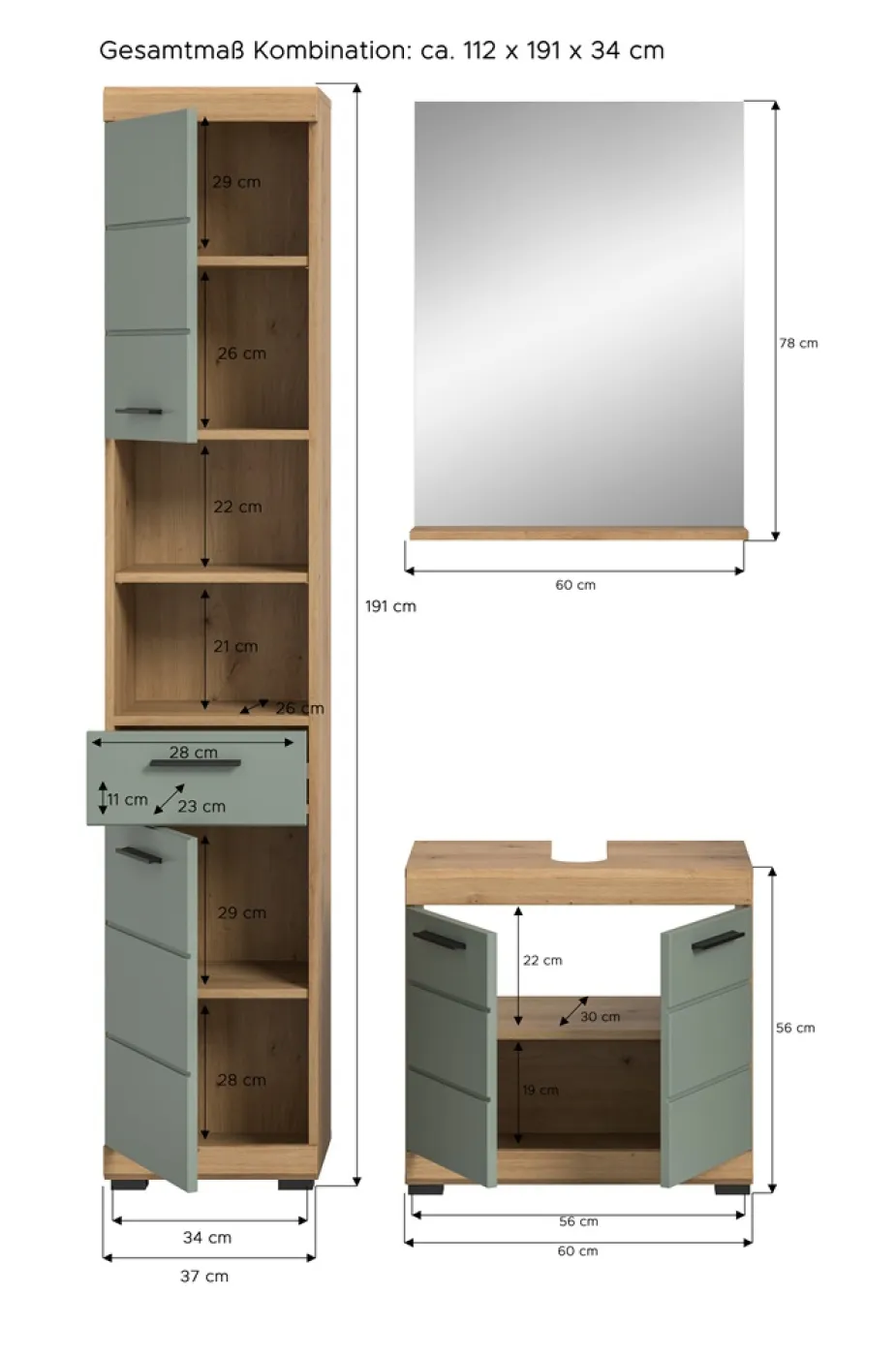 Badezimmer-Set Scout | Salbei / Artisan Eiche | 3-teilig | ohne Aufsatzleuchte
