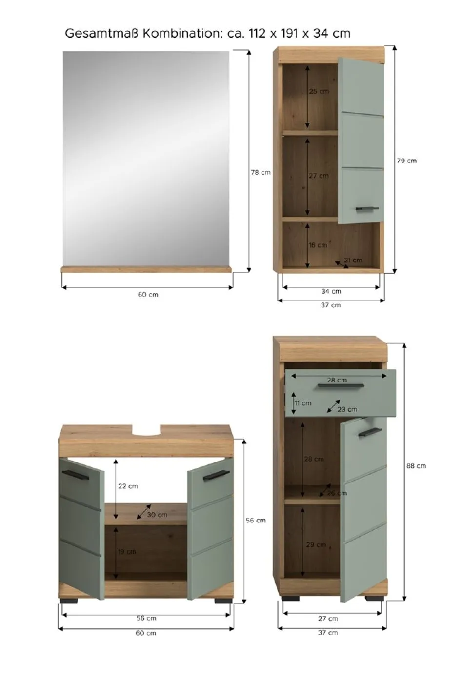 Badezimmer-Set Scout | Salbei / Artisan Eiche | 4-teilig | mit Aufsatzleuchte