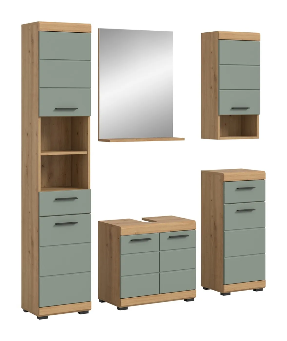 Badezimmer-Set Scout | Salbei / Artisan Eiche | 5-teilig | mit Aufsatzleuchte