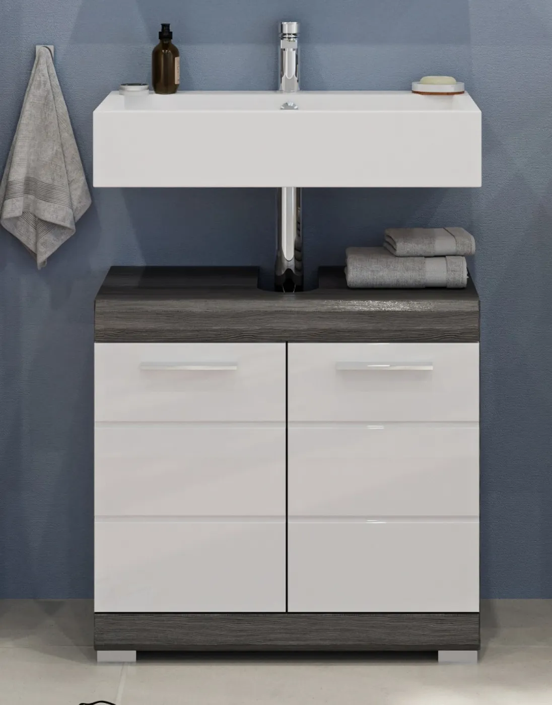 Badezimmer-Set Scout | weiß Hochglanz / rauchsilber | 2-teilig | LED Beleuchtung mit LED Aufsatzleuchte