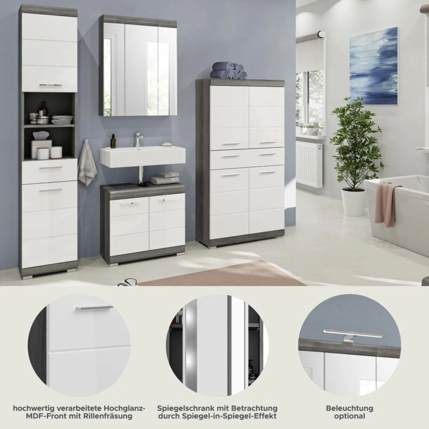 Badezimmer-Set Scout 5 | weiß Hochglanz / rauchsilber | 4-teilig | LED Beleuchtung