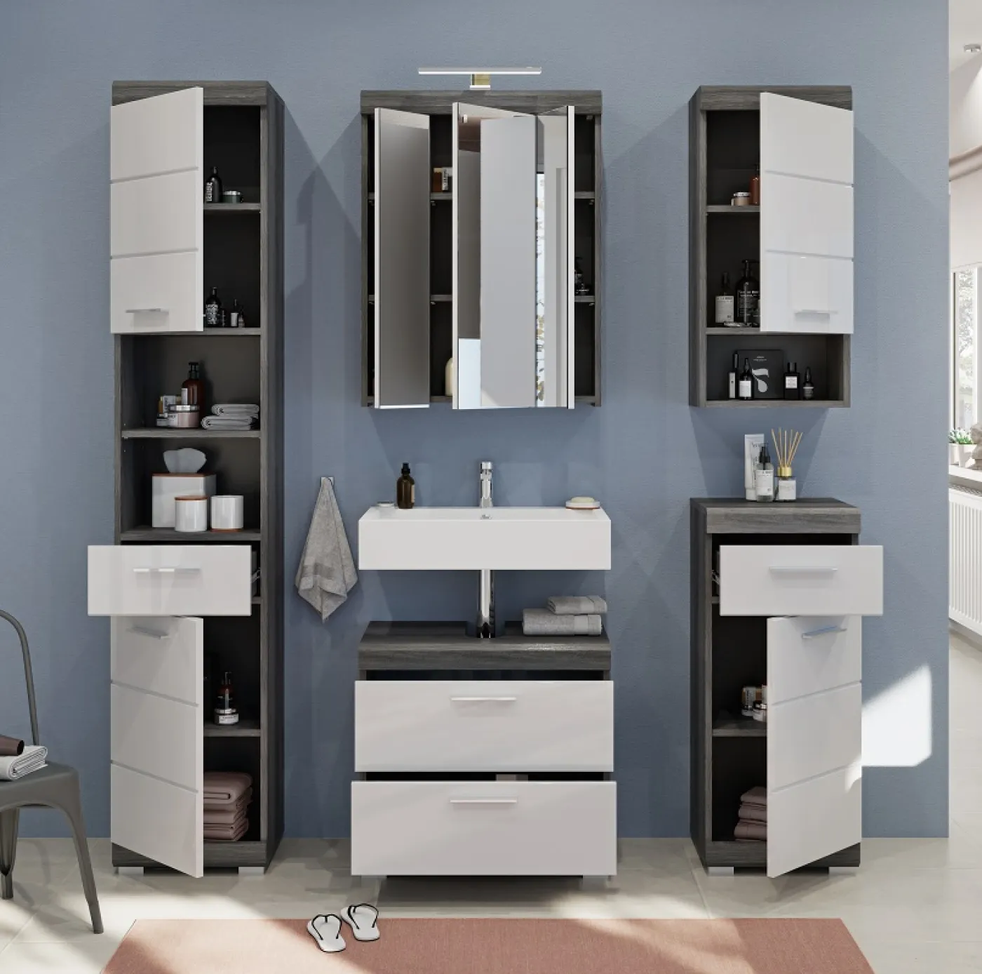 Badezimmer-Set Scout | weiß Hochglanz / rauchsilber | 5-teilig