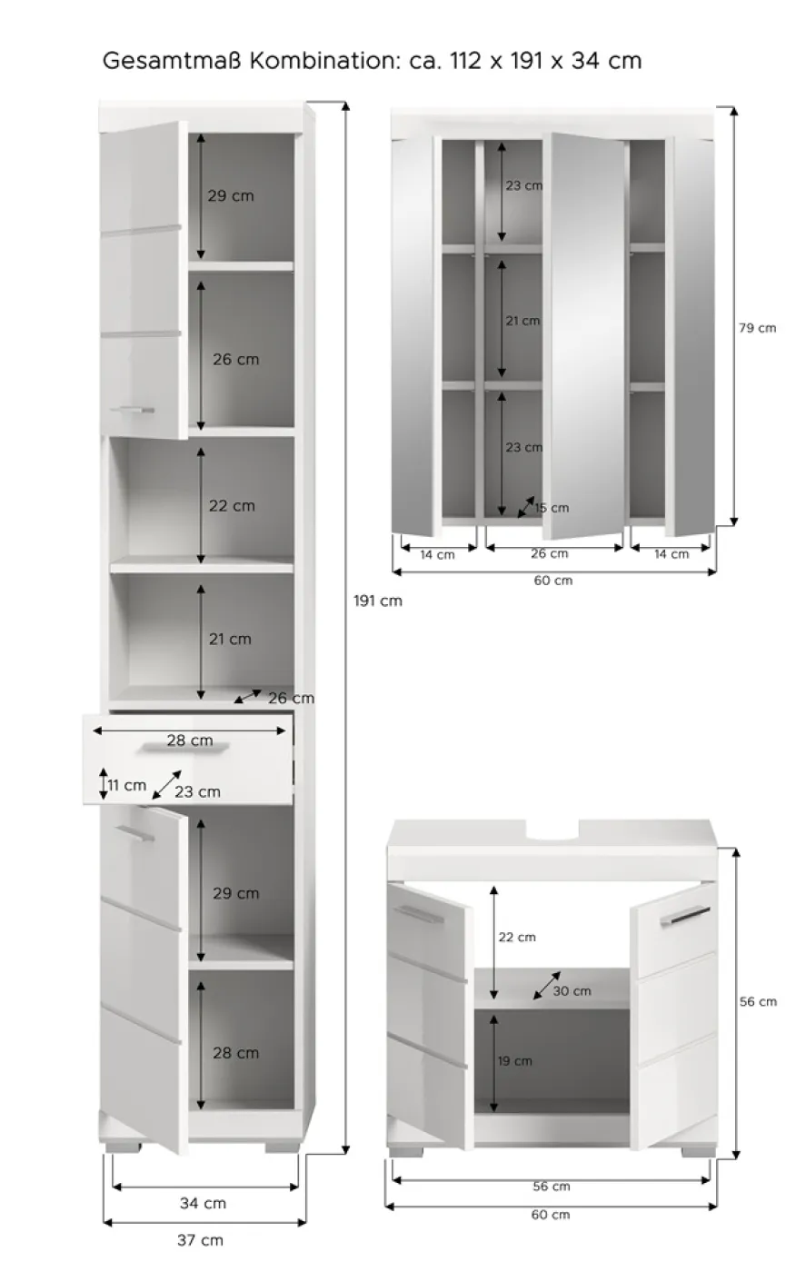 Badezimmer-Set Scout 4 | weiß Hochglanz / weiß | 3-teilig | ohne Aufsatzleuchte