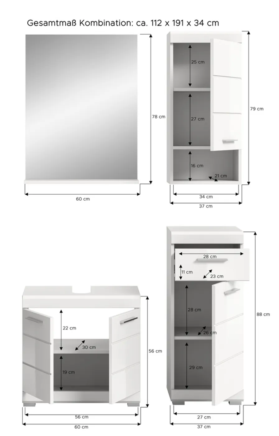 Badezimmer-Set Scout 3 | weiß Hochglanz / weiß | 4-teilig | mit Aufsatzleuchte