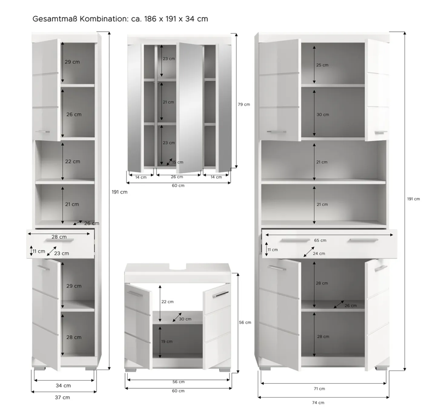 Badezimmer-Set Scout | weiß Hochglanz / weiß | 4-teilig | ohne Aufsatzleuchte