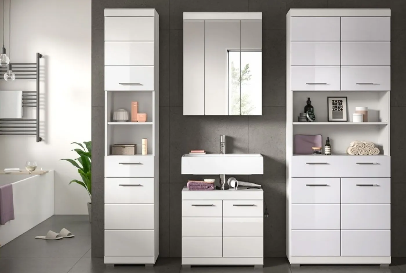 Badezimmer-Set Scout, 4-teilig, Badezimmermöbel mit Spiegelschrank, Hochschränken und Waschtisch mit Unterschrank – Ansicht 2