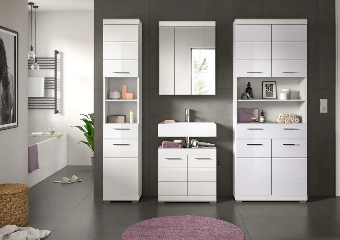 Badezimmer-Set Scout, 4-teilig, Badezimmermöbel mit Spiegelschrank, Hochschränken und Waschtisch mit Unterschrank – Ansicht 8