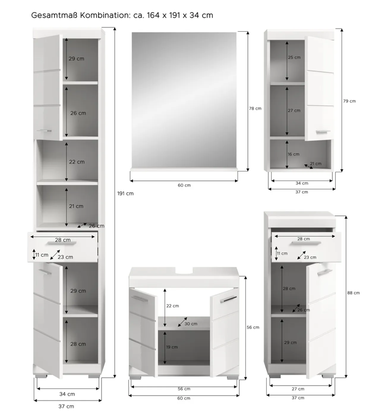 Badezimmer-Set Scout 3 | weiß Hochglanz / weiß | 5-teilig | ohne Aufsatzleuchte