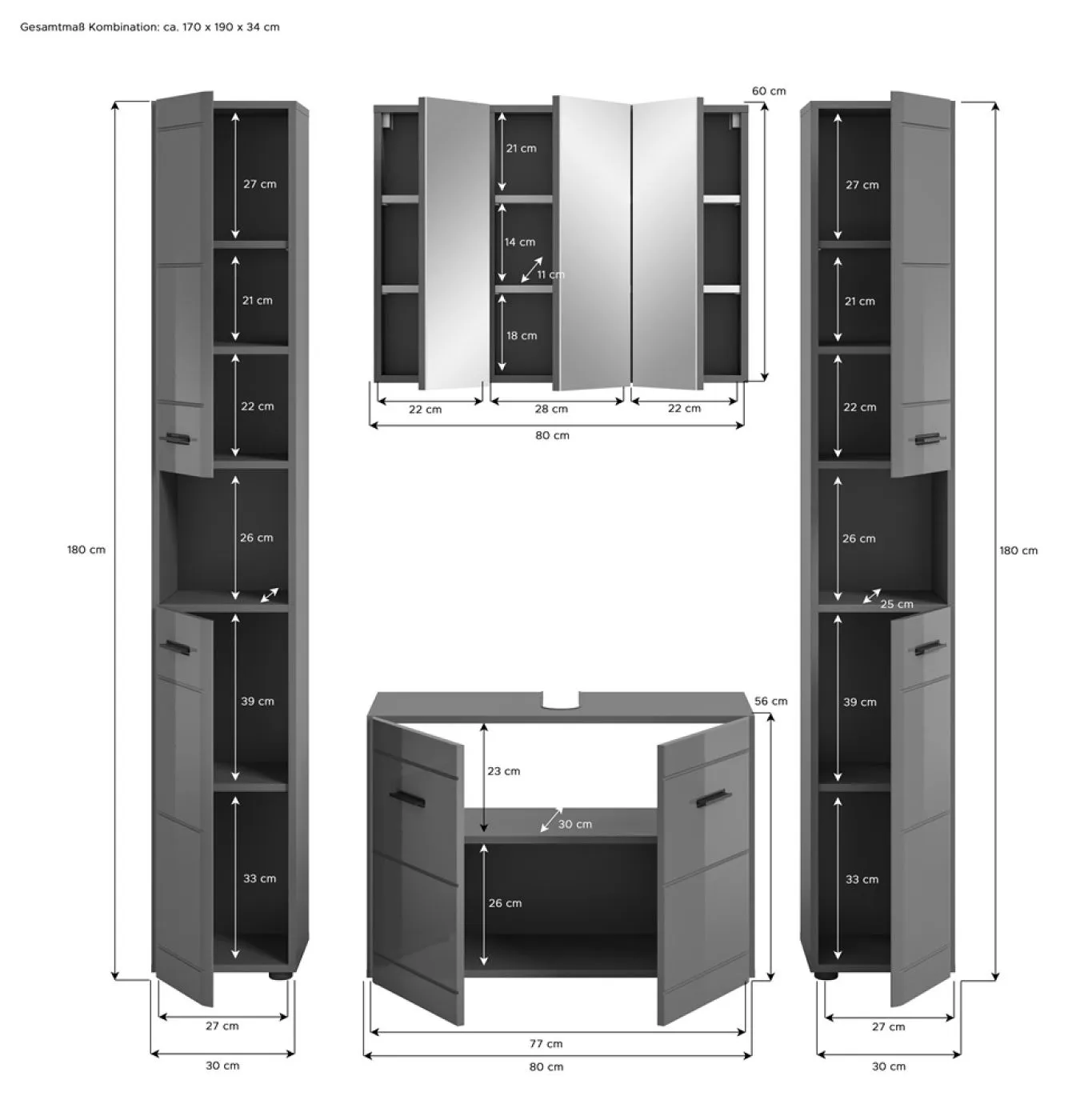 Badezimmer Set Soft 1 | grau Hochglanz | 4-teilig ohne Aufsatzleuchte