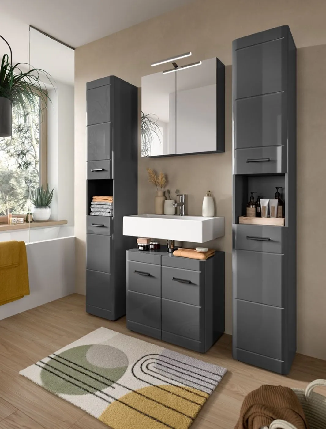 Badezimmer Set Soft | grau Hochglanz | 4-teilig