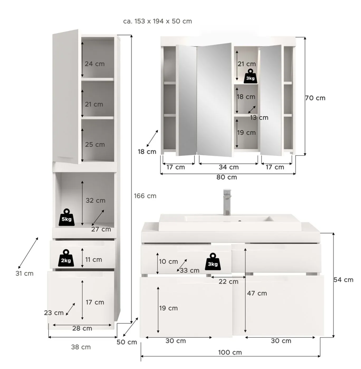 Badezimmer Set Viana 2 | 3-teilig | weiß | inkl. Waschbecken ohne Badaufsatzleuchte