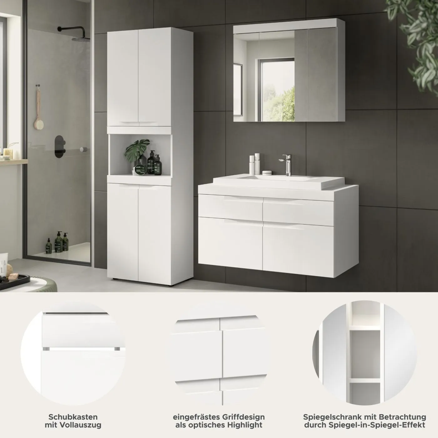 Badezimmer Set Viana 3 | 3-teilig | weiß | inkl. Waschbecken mit Badaufsatzleuchte