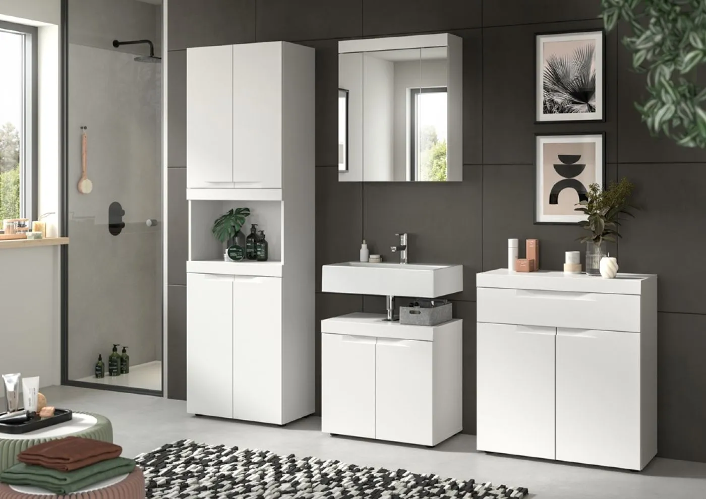 Badezimmer Set Viana | 4-teilig | weiß mit Aufsatzleuchte