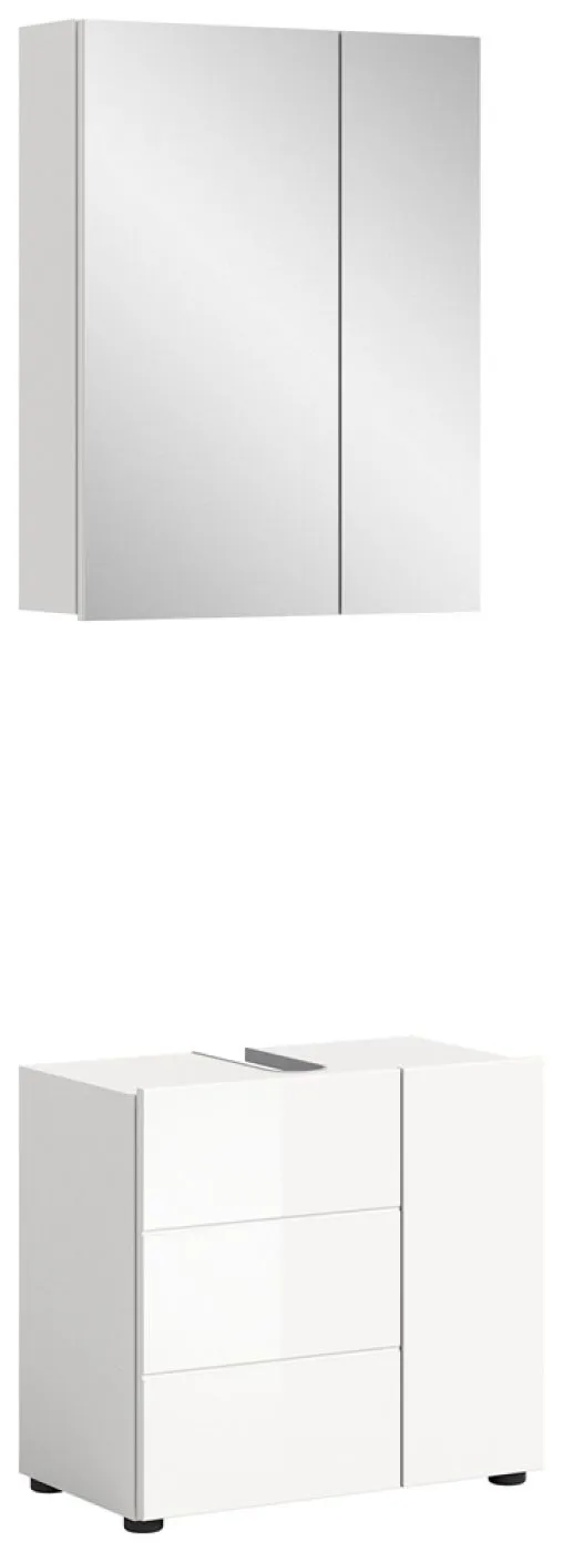 Badezimmer-Set Vira 1, 2-teilig, weiß Hochglanz, im Bad, Spiegelschrank über Waschtisch und Unterschrank – Ansicht 2