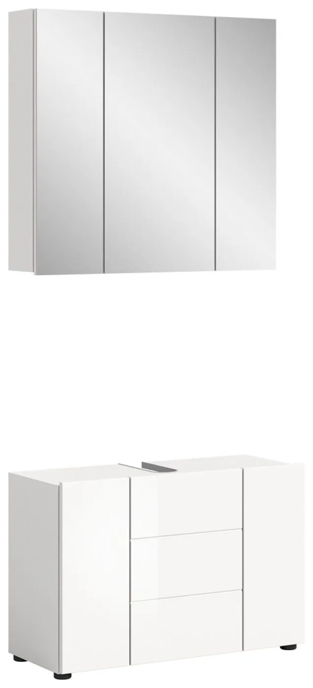 Badezimmer-Set Vira 2, 2-teilig, weiß Hochglanz, im Bad, Spiegelschrank über Waschtisch mit Unterschrank, LED-Beleuchtung – Ansicht 2