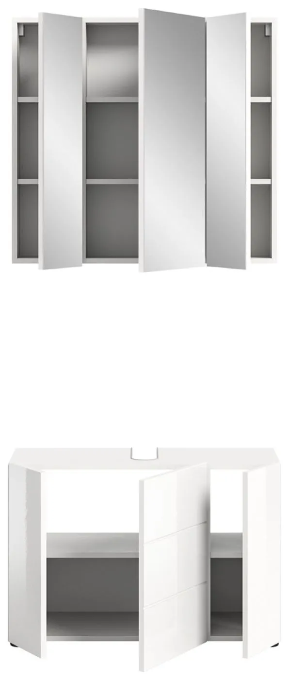 Badezimmer-Set Vira 2, 2-teilig, weiß Hochglanz, im Bad, Spiegelschrank über Waschtisch mit Unterschrank, LED-Beleuchtung – Ansicht 3