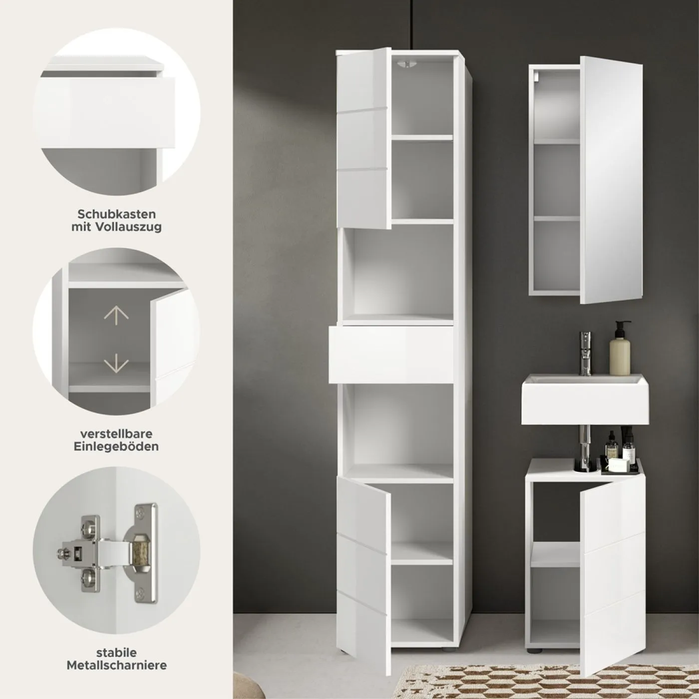 Badezimmer-Set Vira | 3-teilig | weiß / weiß Hochglanz