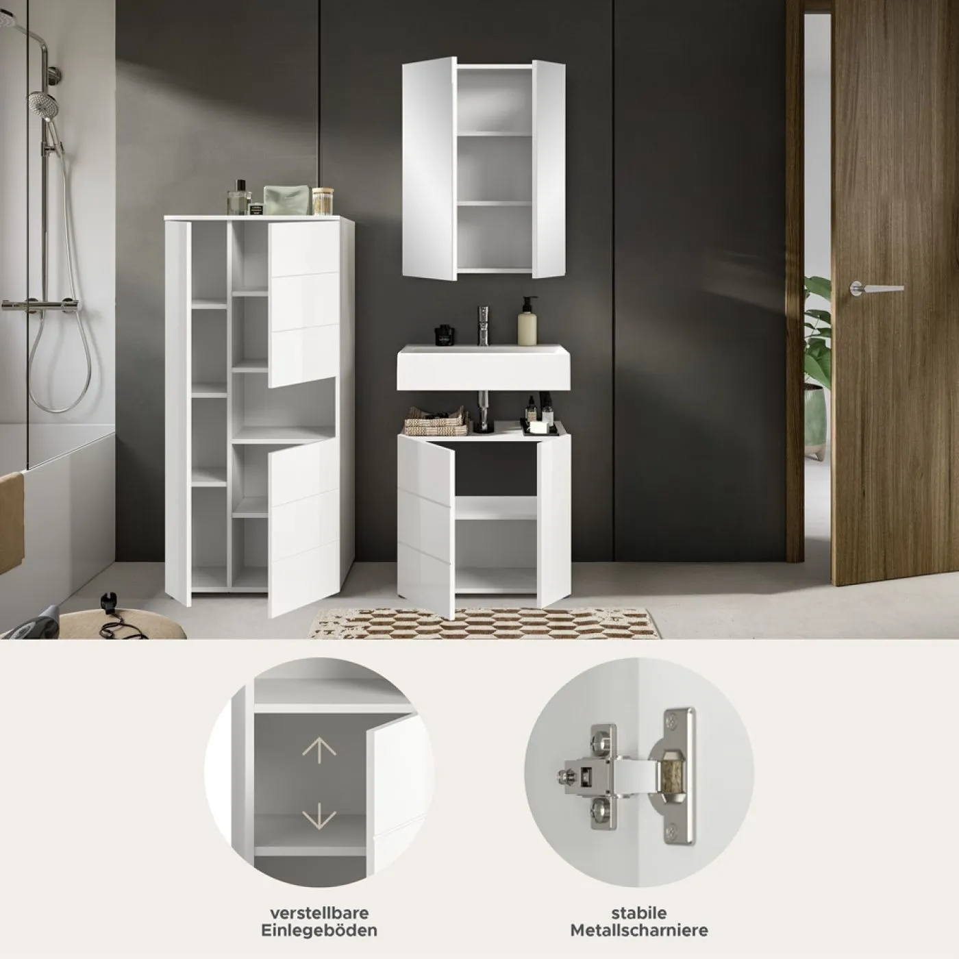 Badezimmer-Set Vira | 3-teilig | weiß / weiß Hochglanz | mit Aufzatzleuchte