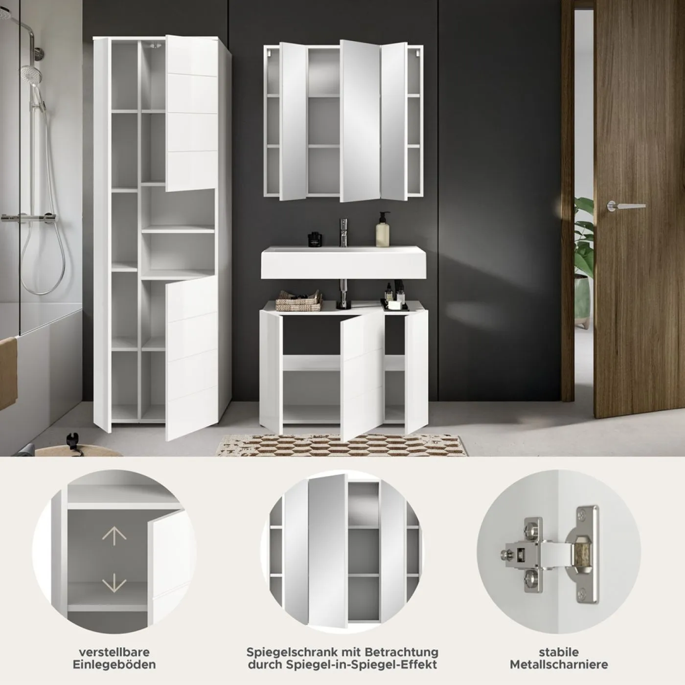 Badezimmer-Set Vira | 3-teilig | weiß / weiß Hochglanz | optional LED Beleuchtung