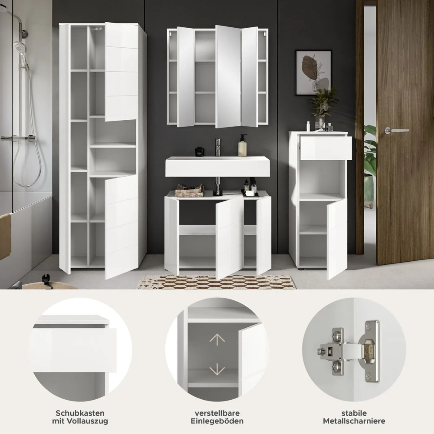 Badezimmer-Set Vira | 4-teilig | weiß / weiß Hochglanz | ohne Aufzatzleuchte