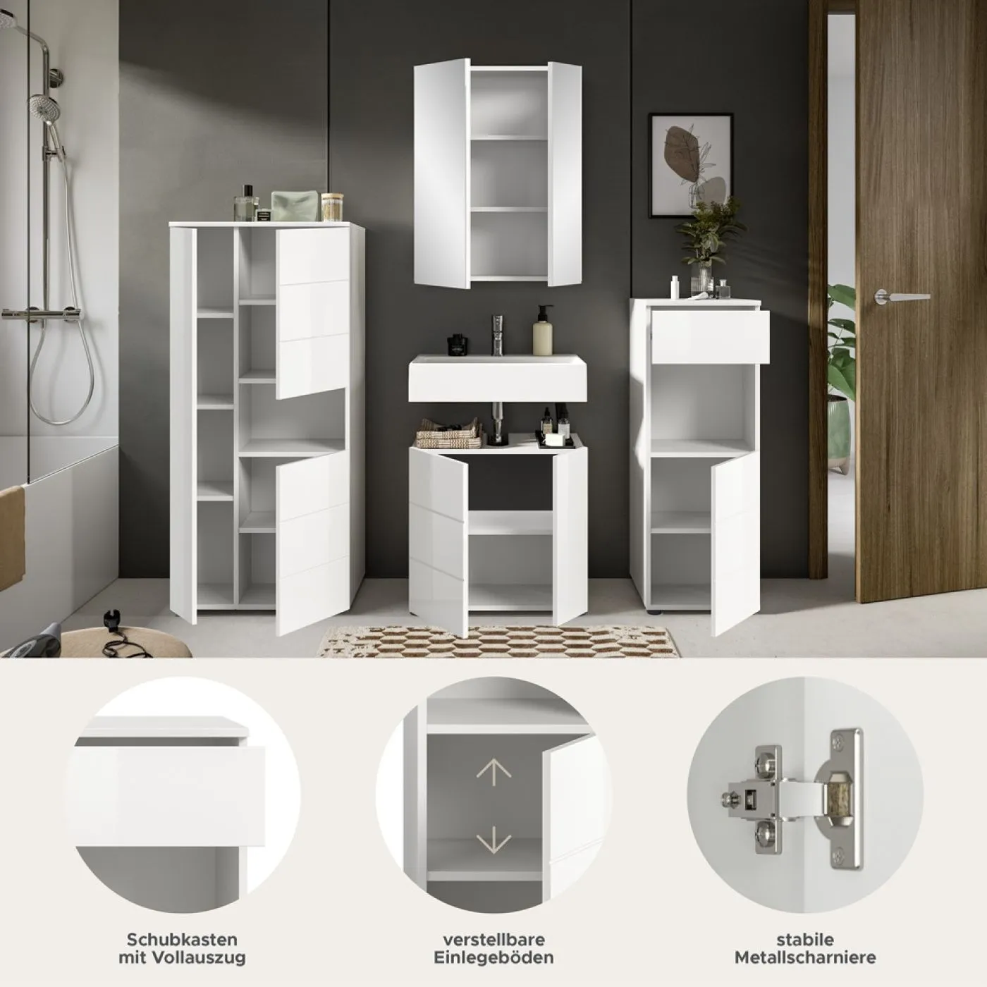 Badezimmer-Set Vira | 4-teilig | weiß / weiß Hochglanz | optional LED Beleuchtung