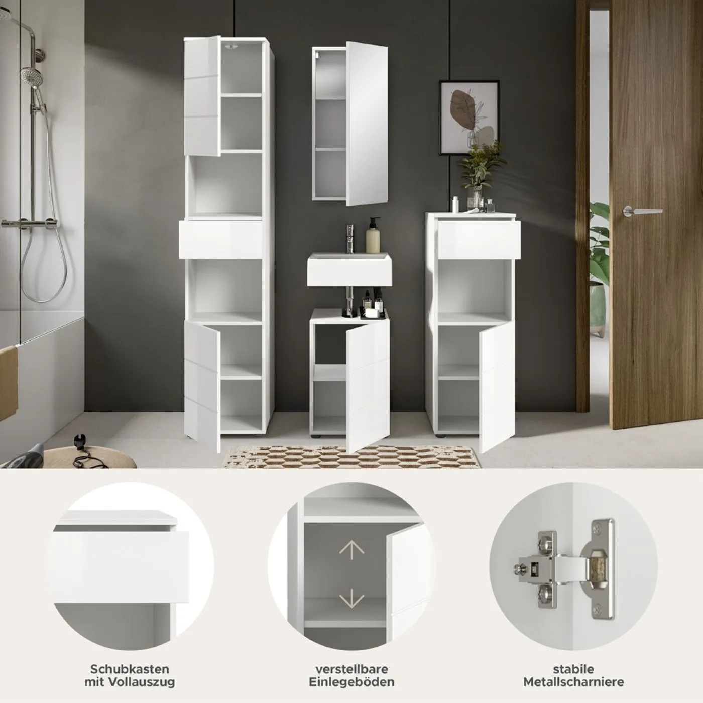 Badezimmer-Set Vira | 4-teilig | weiß / weiß Hochglanz | optional LED Beleuchtung