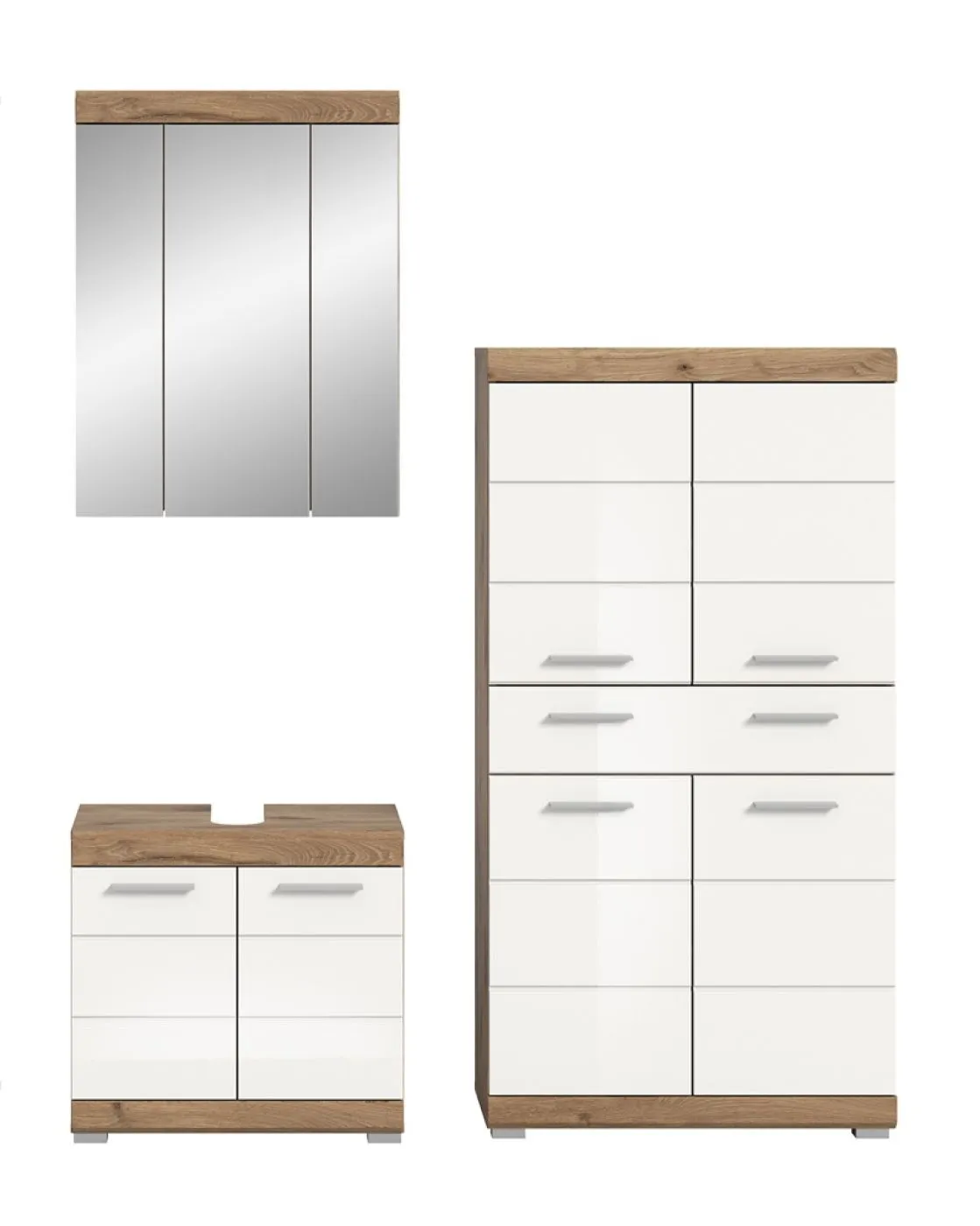 Badezimmer-Set Wave 2 | weiß Hochglanz / Nox Oak | 3-teilig | mit Aufsatzleuchte 1a