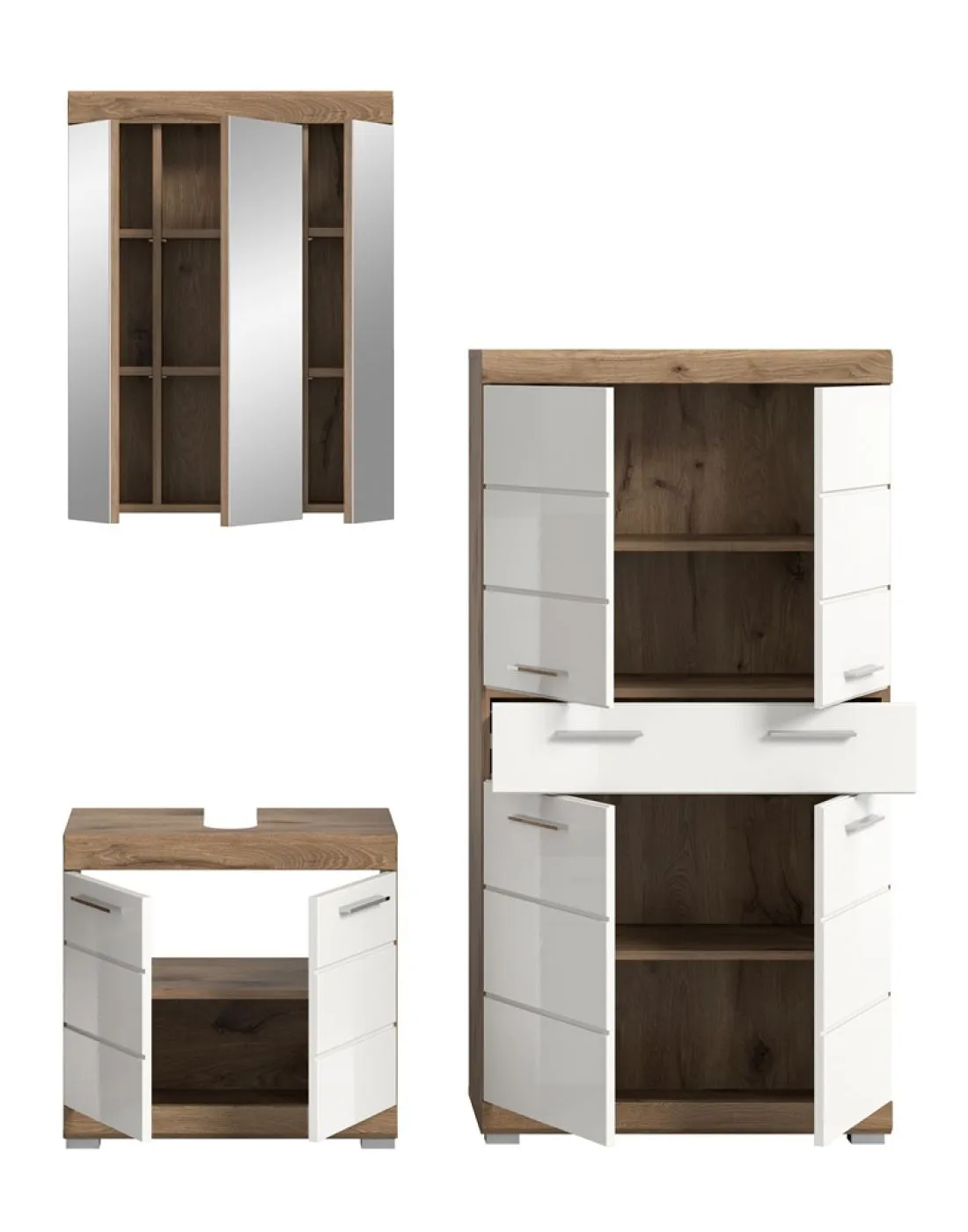 Badezimmer-Set Wave 2 | weiß Hochglanz / Nox Oak | 3-teilig | optional Beleuchtung