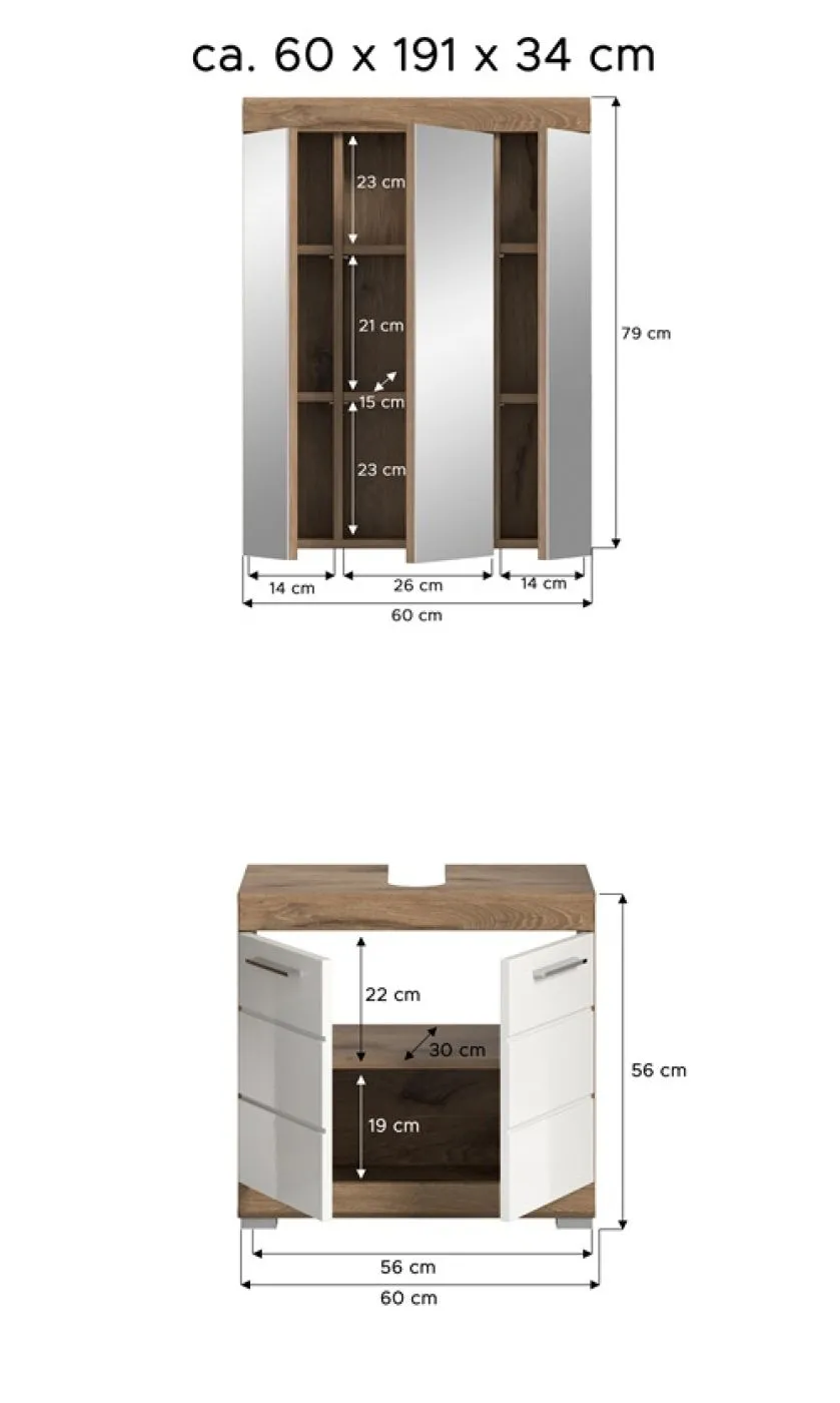 Badezimmer-Set Wave | weiß Hochglanz / Nox Oak | 2-teilig | optional Beleuchtung